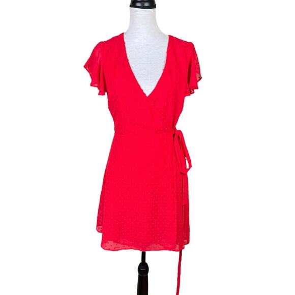 Lulus Much to Celebrate Red Swiss Dot Flutter Sleeve Wrap Mini Dress - Picture 5 of 14